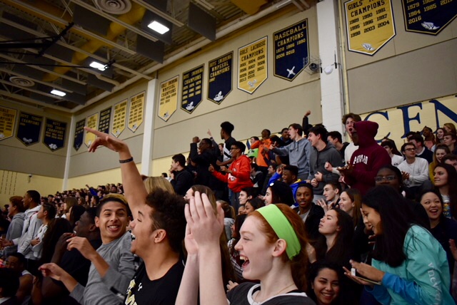 The junior class cheers for the seniors during the basketball game on January 26th. Taken by: Logan Dulski