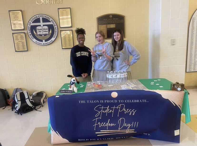 The Talon celebrated Student Press Freedom Day on February 23rd. Here are editors Idera Laifa 24, Kate Nonnenkamp 23, and Mary Ellen McDermott 23 at the information table in the gallery.