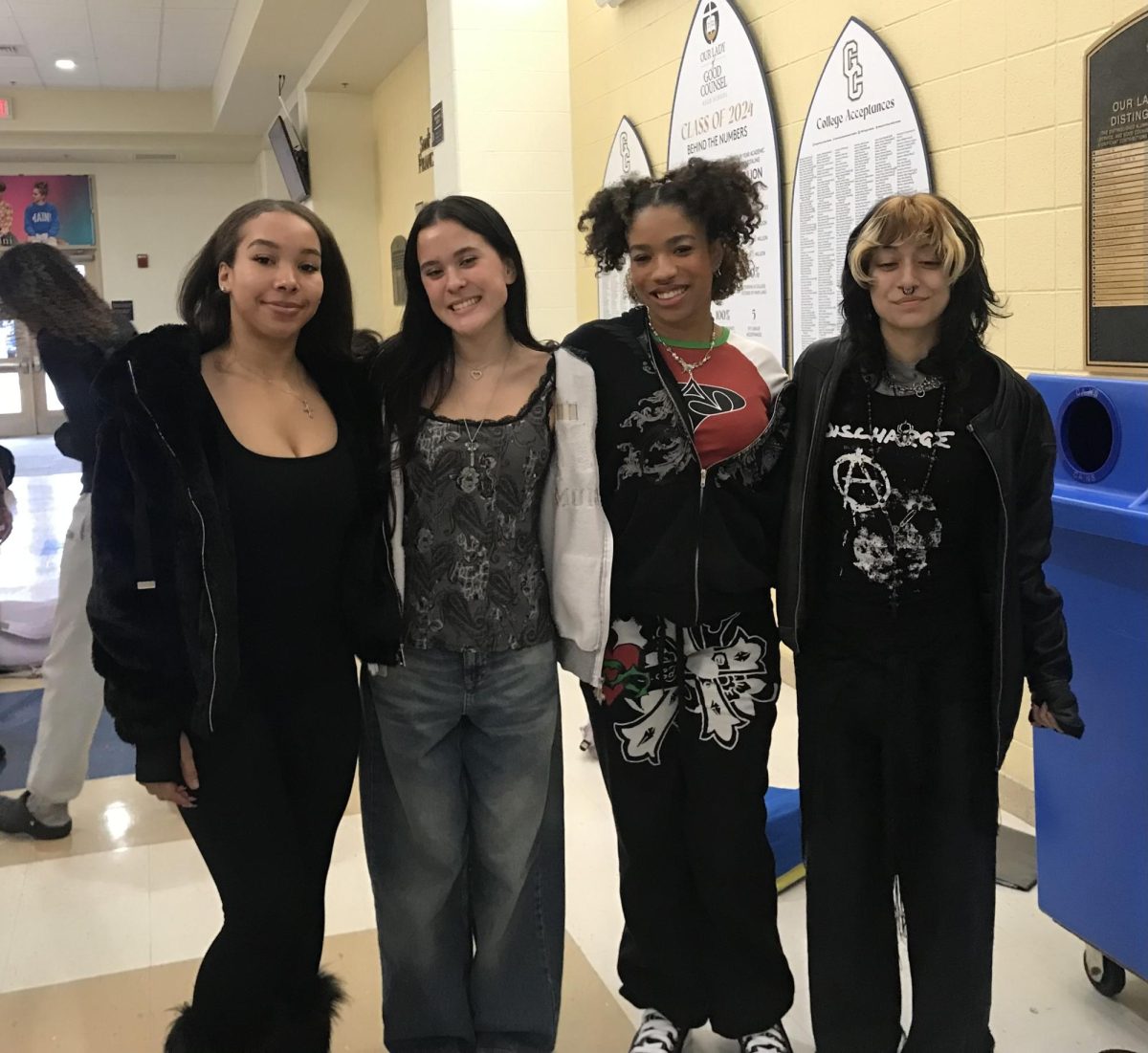 Allison Igbaroolq, Kelly Currence, Keira Jones, and Sofia Cifuentes dress up to stand out during a good counsel dress down day.