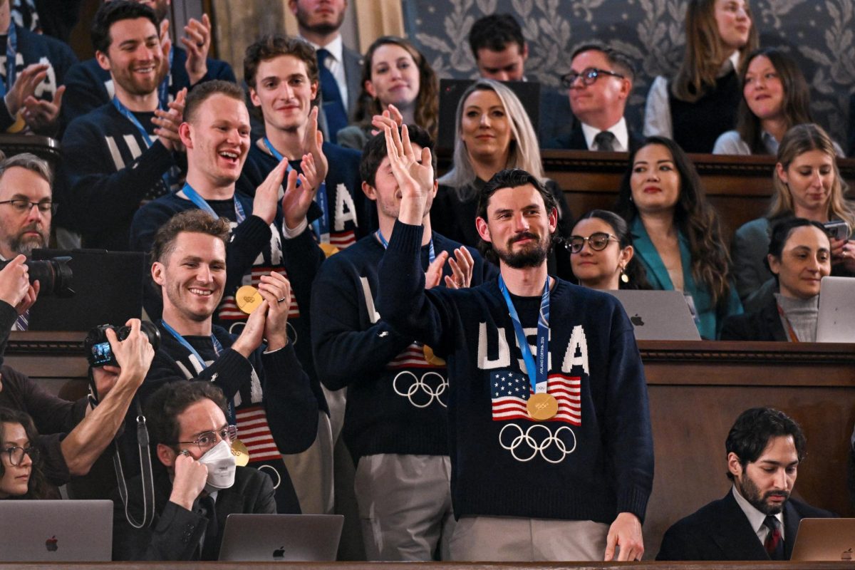 The United States Olympic Men’s Ice Hockey Team, Connor Hellebuyck in front, as U.S. President Donald J. Trump delivers the first State of the Union 
address of his second term to a joint session of Congress in the House Chamber of the United States Capitol in Washington, D.C., on Tuesday, February 24, 2026. 
Kenny Holston /Pool via REUTERS